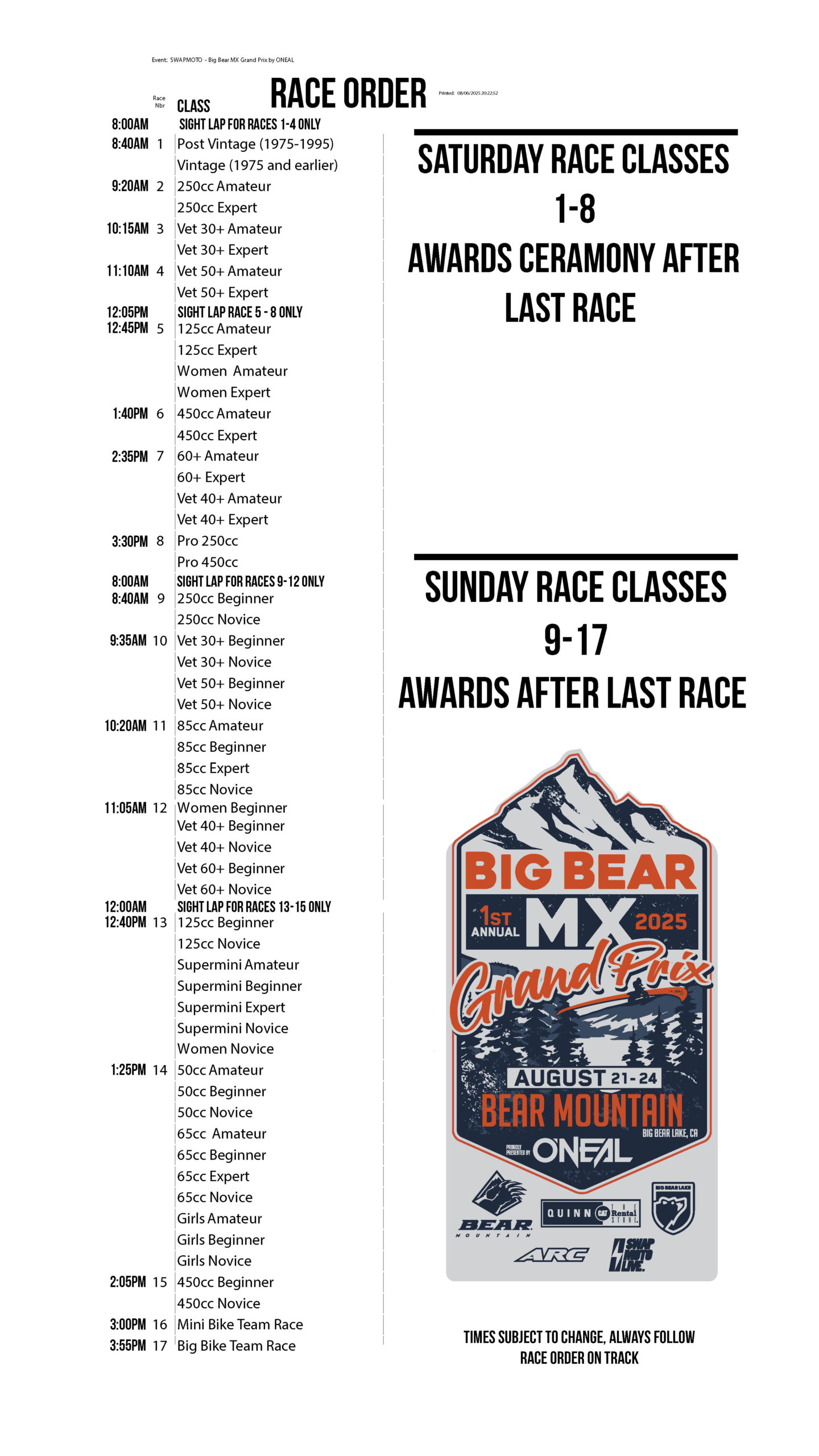 Important Info For the Big Bear MX Grand Prix by ONEAL - Swapmoto Live